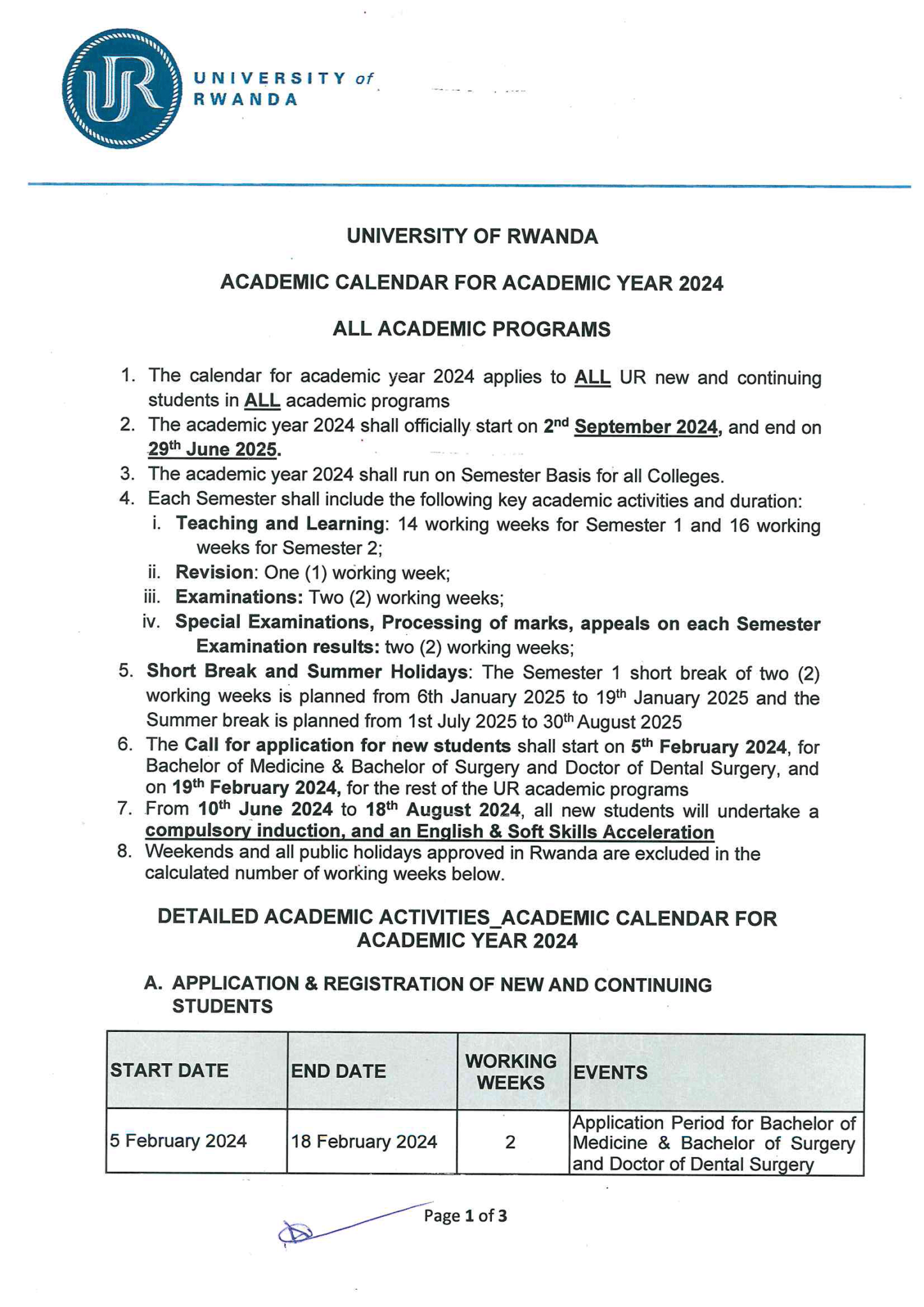 University of Rwanda Academic Calendar for Academic Year 2024 all